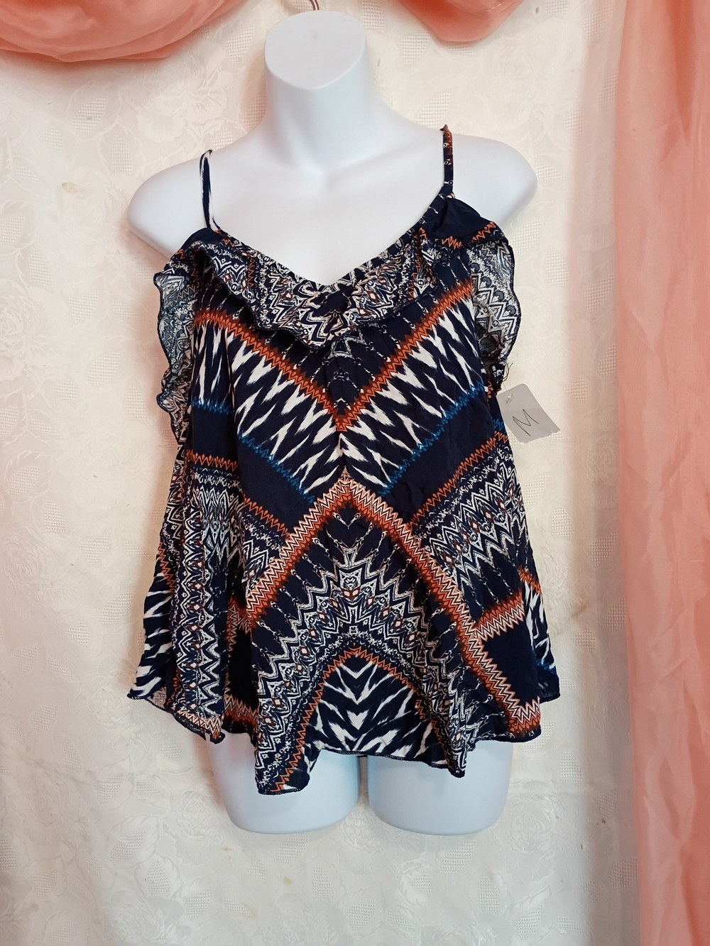 Cha Cha Vente Ladies Navy Aztec Ruffle Camisole with Orange Accents Sz M